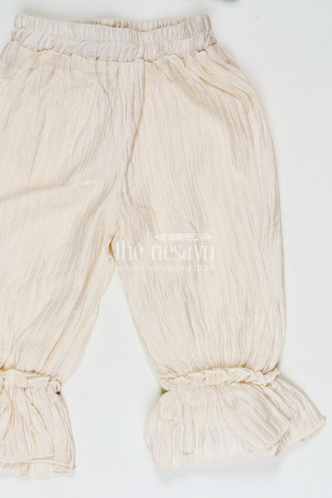 Pretty Casual Dresses Olive Green Ruffled Rayon Top with Pearl Buttons and Cream Crushed Pants Set