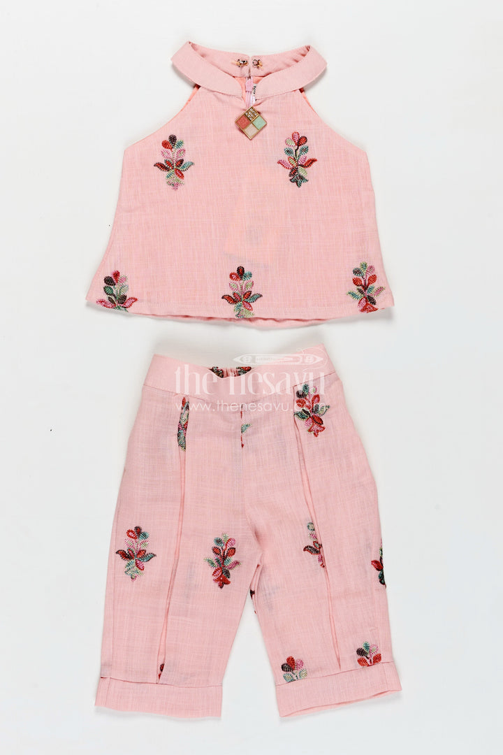 Casual Modest Outfits Pink Kora Cotton Girls Set with Embroidered High Neck Top and Floral Trousers