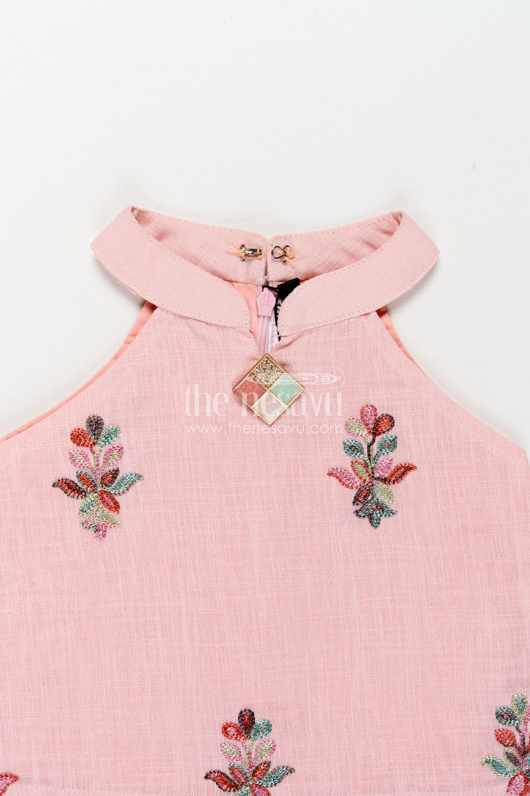 Casual Modest Outfits Pink Kora Cotton Girls Set with Embroidered High Neck Top and Floral Trousers