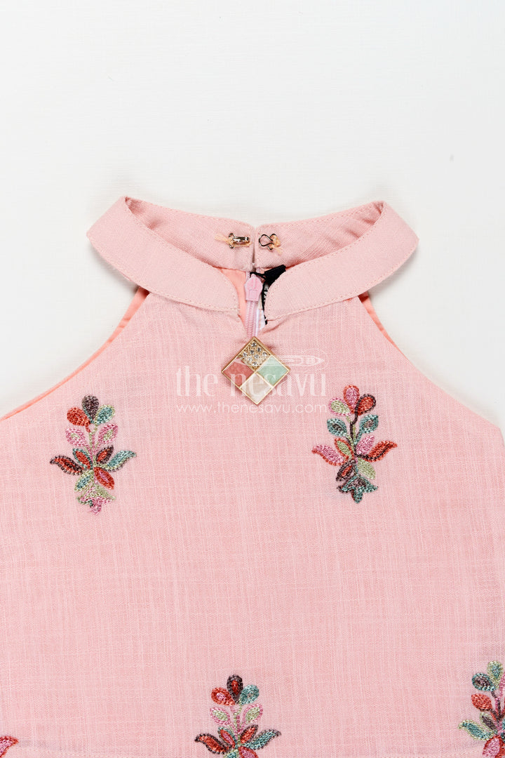 Casual Modest Outfits Pink Kora Cotton Girls Set with Embroidered High Neck Top and Floral Trousers