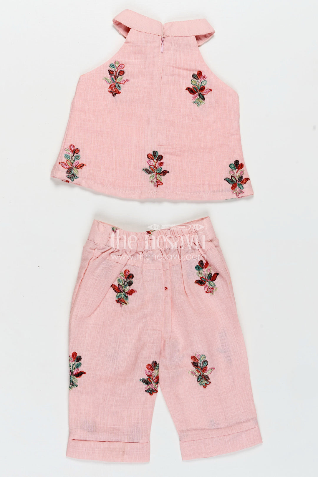 Casual Modest Outfits Pink Kora Cotton Girls Set with Embroidered High Neck Top and Floral Trousers