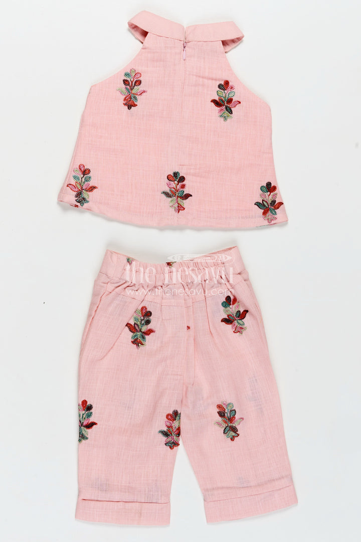 Casual Modest Outfits Pink Kora Cotton Girls Set with Embroidered High Neck Top and Floral Trousers