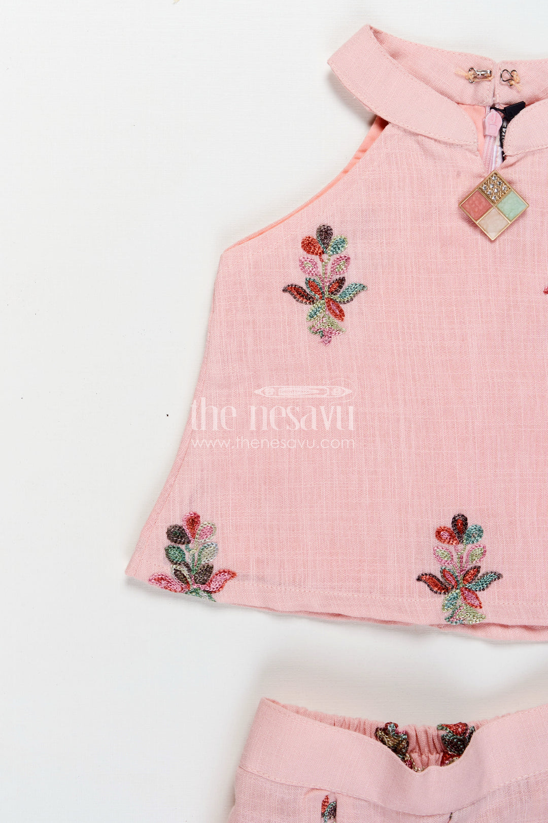 Casual Modest Outfits Pink Kora Cotton Girls Set with Embroidered High Neck Top and Floral Trousers