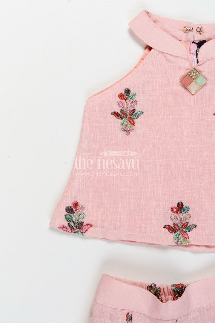 Casual Modest Outfits Pink Kora Cotton Girls Set with Embroidered High Neck Top and Floral Trousers