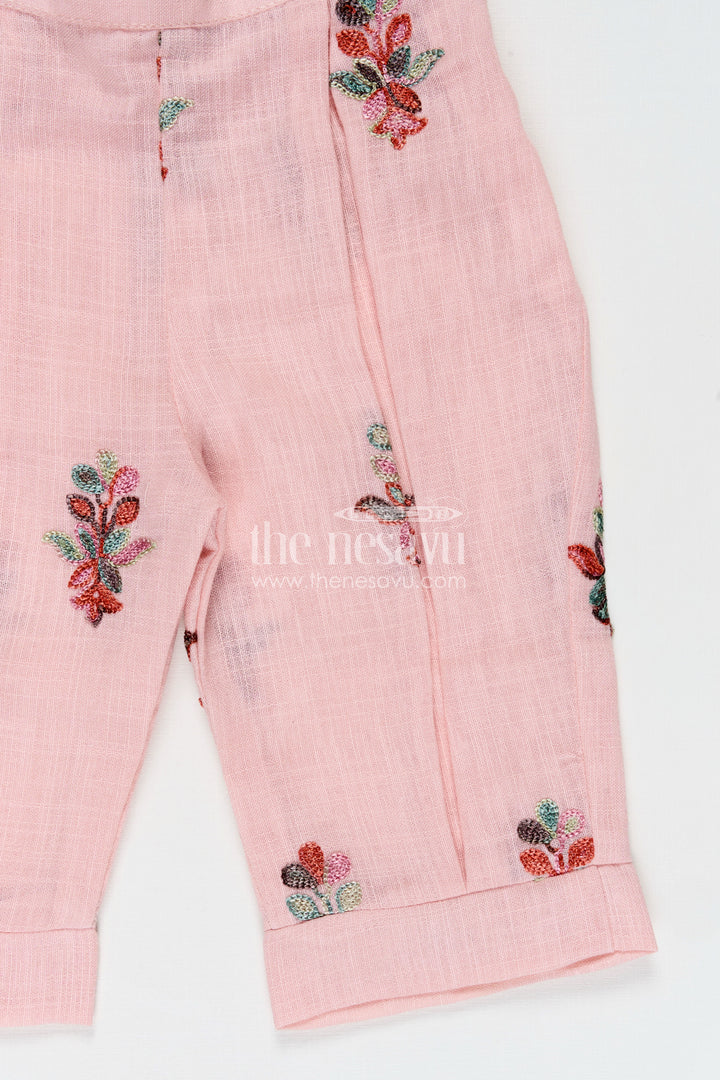 Casual Modest Outfits Pink Kora Cotton Girls Set with Embroidered High Neck Top and Floral Trousers