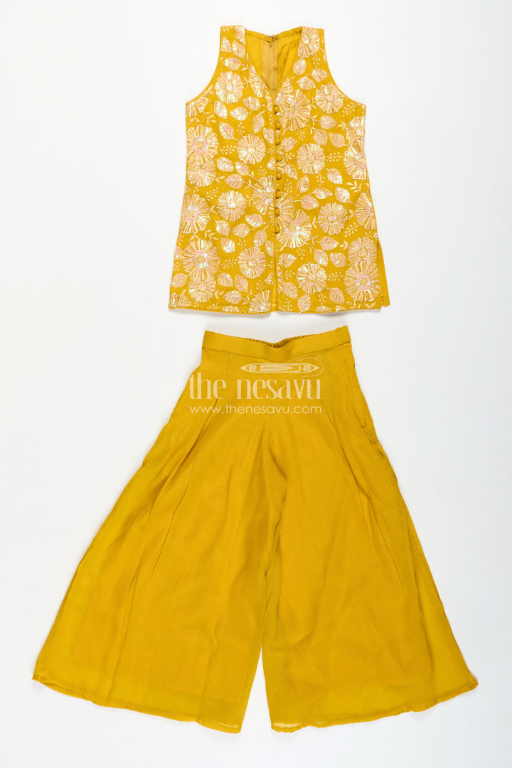 Girls Ethnic Set for Parties in Mustard Yellow Georgette with Embroidered Yoke and Palazzo Pants