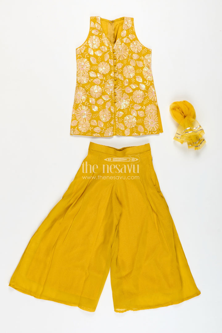 Girls Ethnic Set for Parties in Mustard Yellow Georgette with Embroidered Yoke and Palazzo Pants