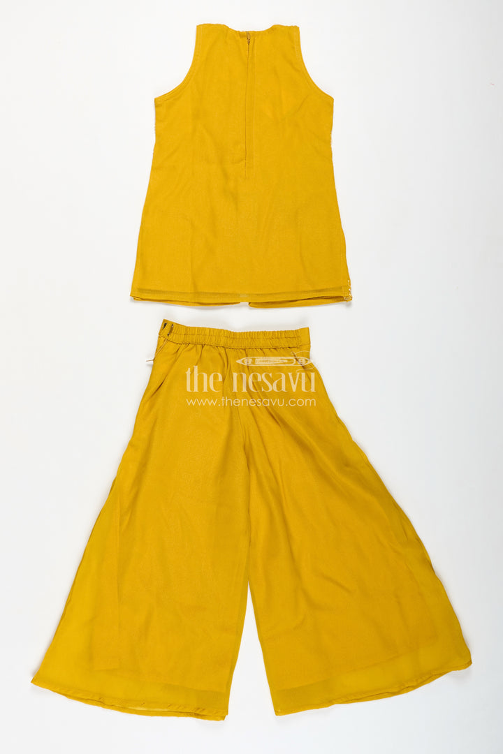 Girls Ethnic Set for Parties in Mustard Yellow Georgette with Embroidered Yoke and Palazzo Pants