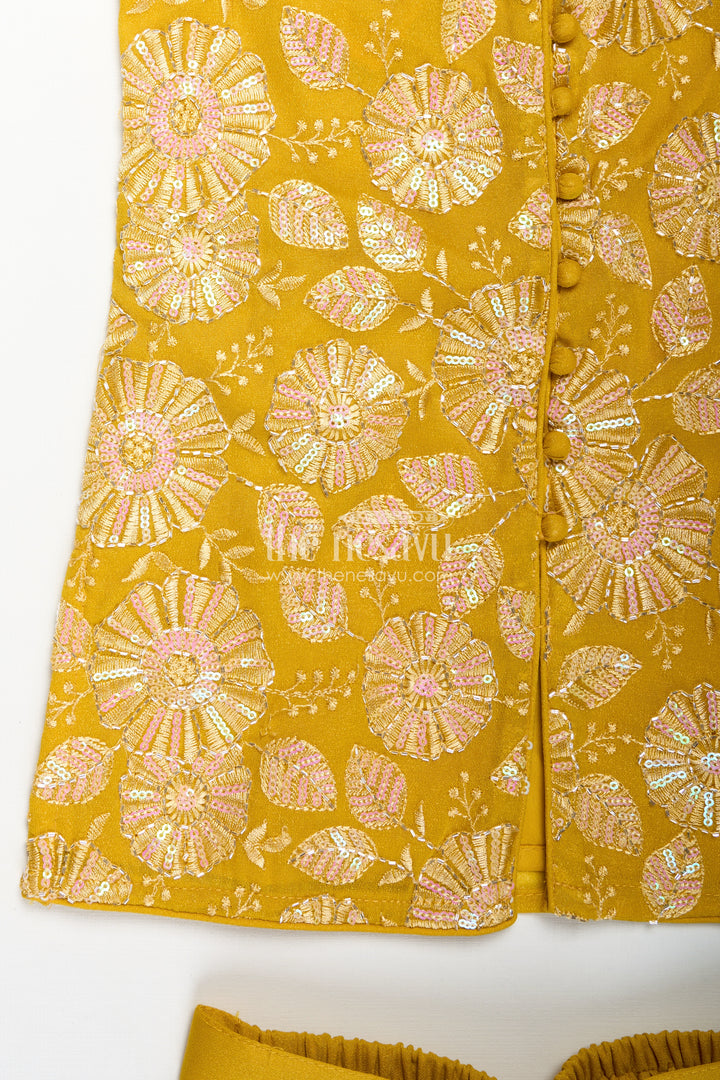 Girls Ethnic Set for Parties in Mustard Yellow Georgette with Embroidered Yoke and Palazzo Pants