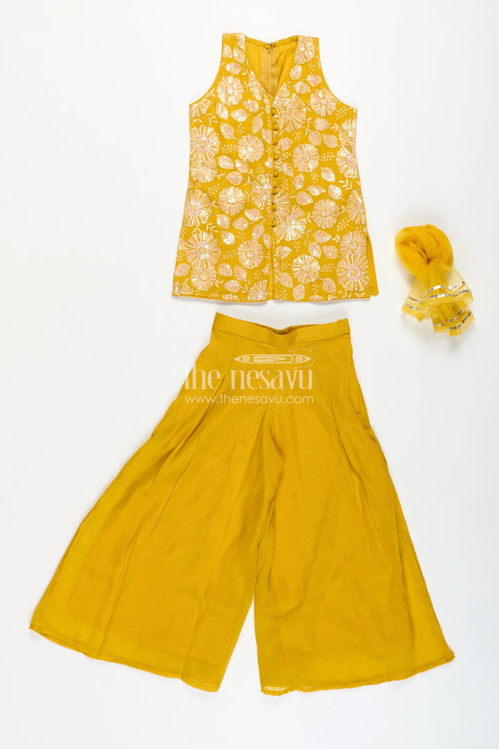 Girls Ethnic Set for Parties in Mustard Yellow Georgette with Embroidered Yoke and Palazzo Pants