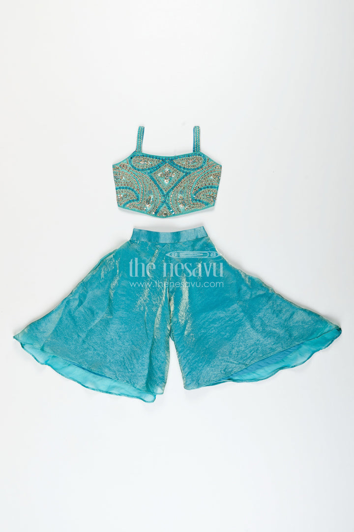 Girls turquoise sharara set in organza with heavy embroidered yoke