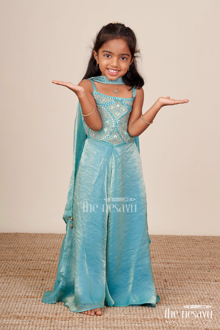 Girls Turquoise Sharara Set in Organza with Heavy Embroidered Yoke