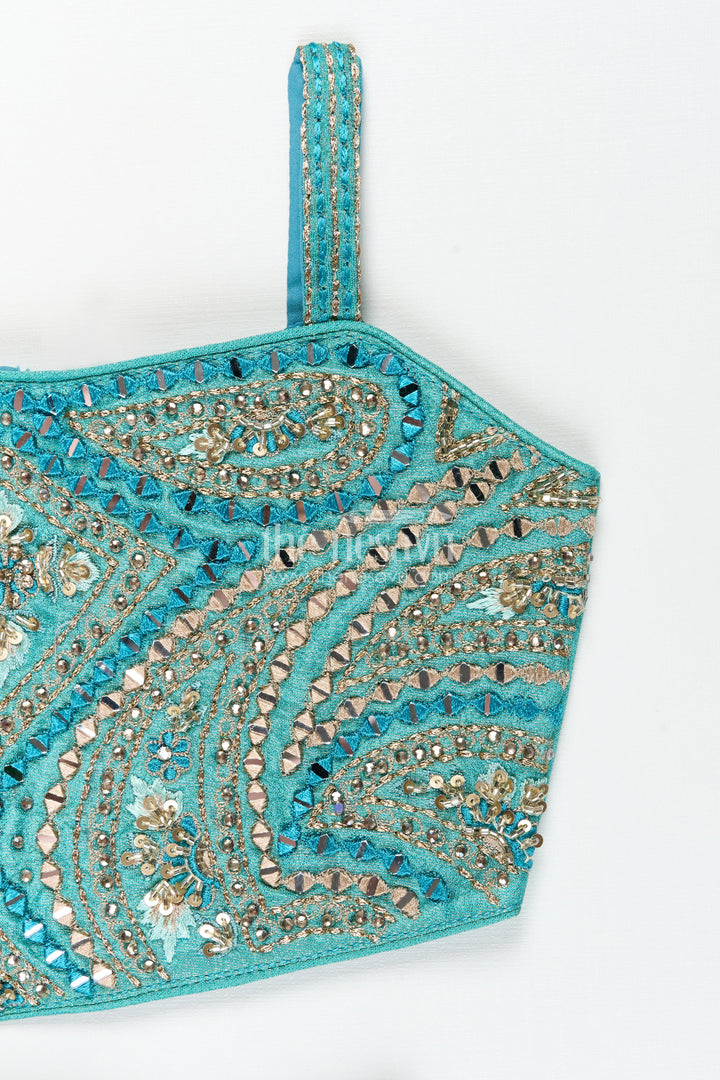 Girls turquoise sharara set in organza with heavy embroidered yoke