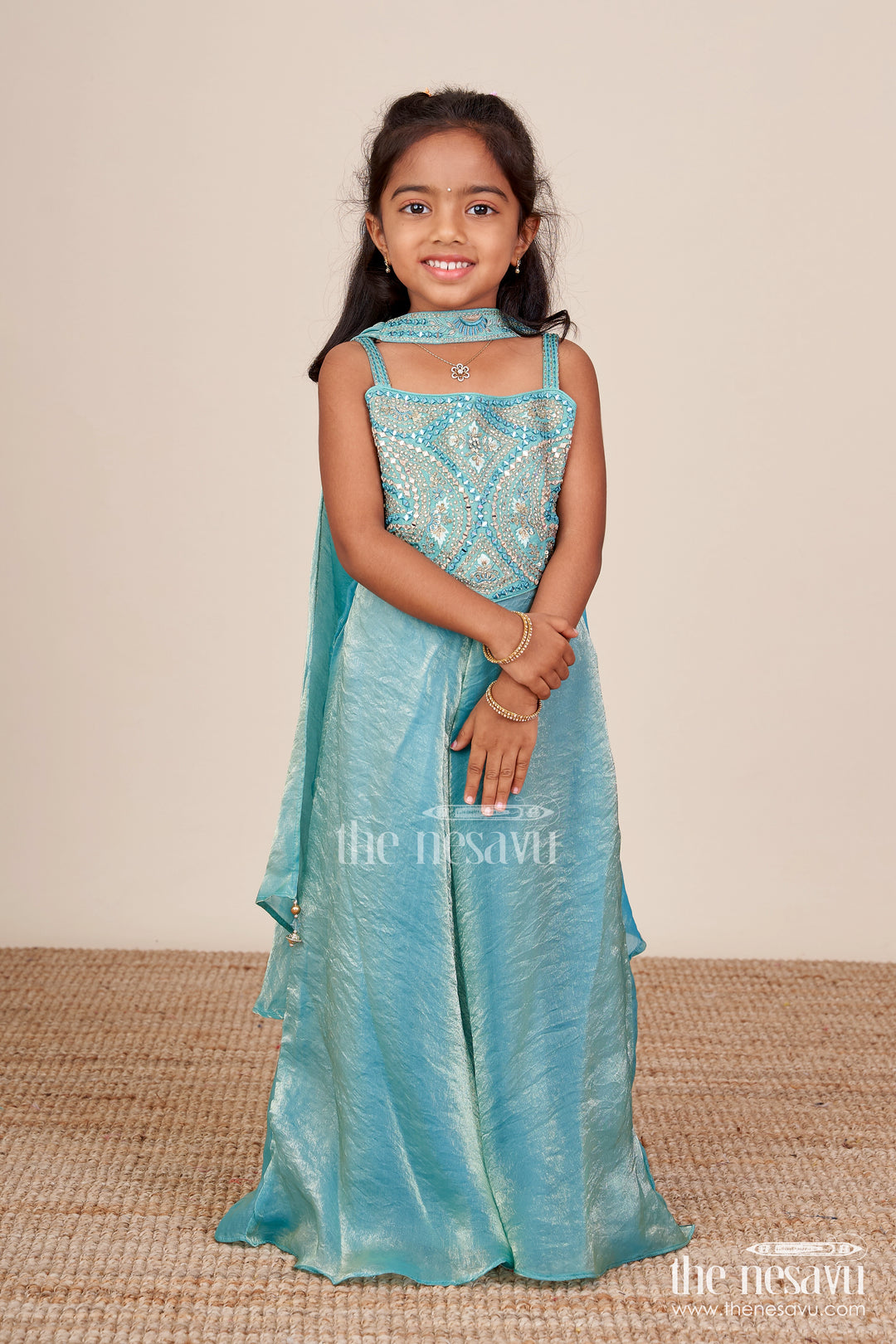 Girls Turquoise Sharara Set in Organza with Heavy Embroidered Yoke