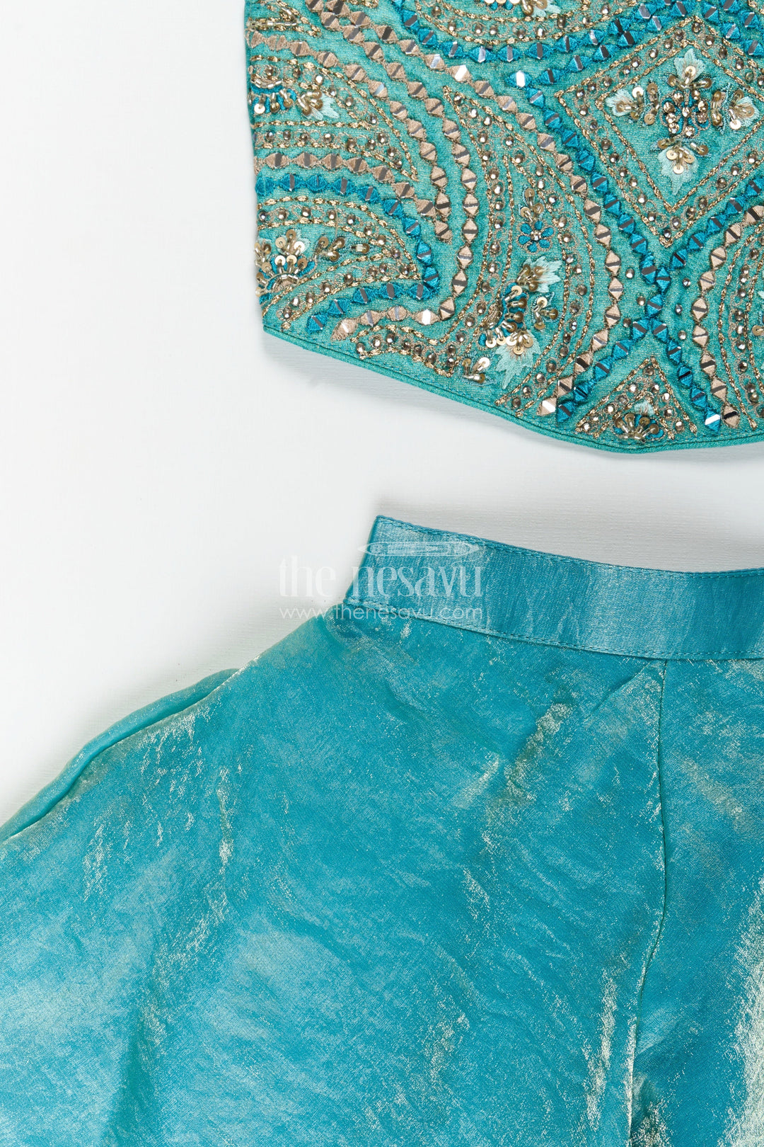 Girls turquoise sharara set in organza with heavy embroidered yoke
