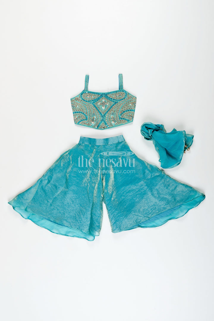 Girls turquoise sharara set in organza with heavy embroidered yoke