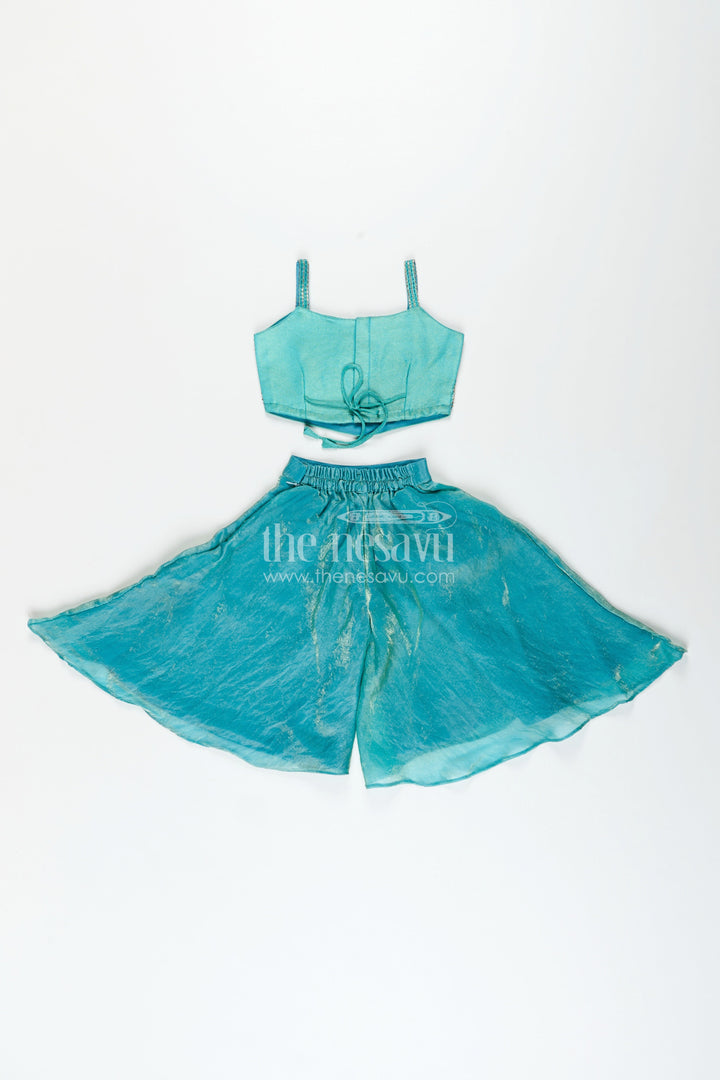 Girls turquoise sharara set in organza with heavy embroidered yoke