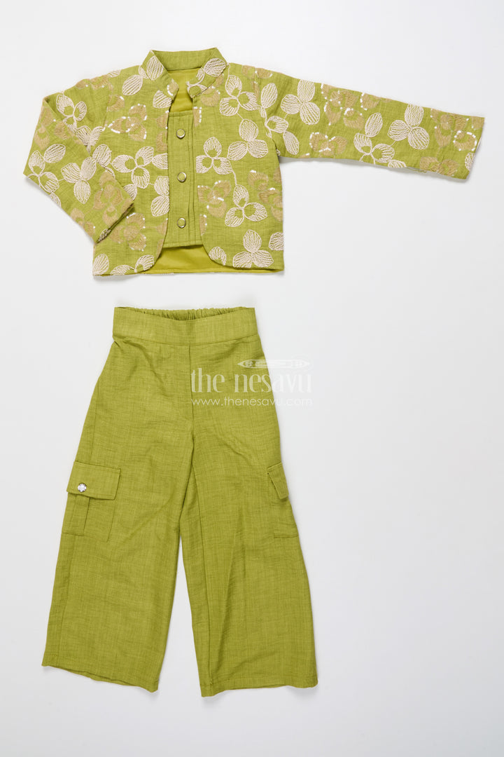 Floral Embroidered Girls Co-Ord Set with Jacket Perfect for Ethnic School Events and Festive Days