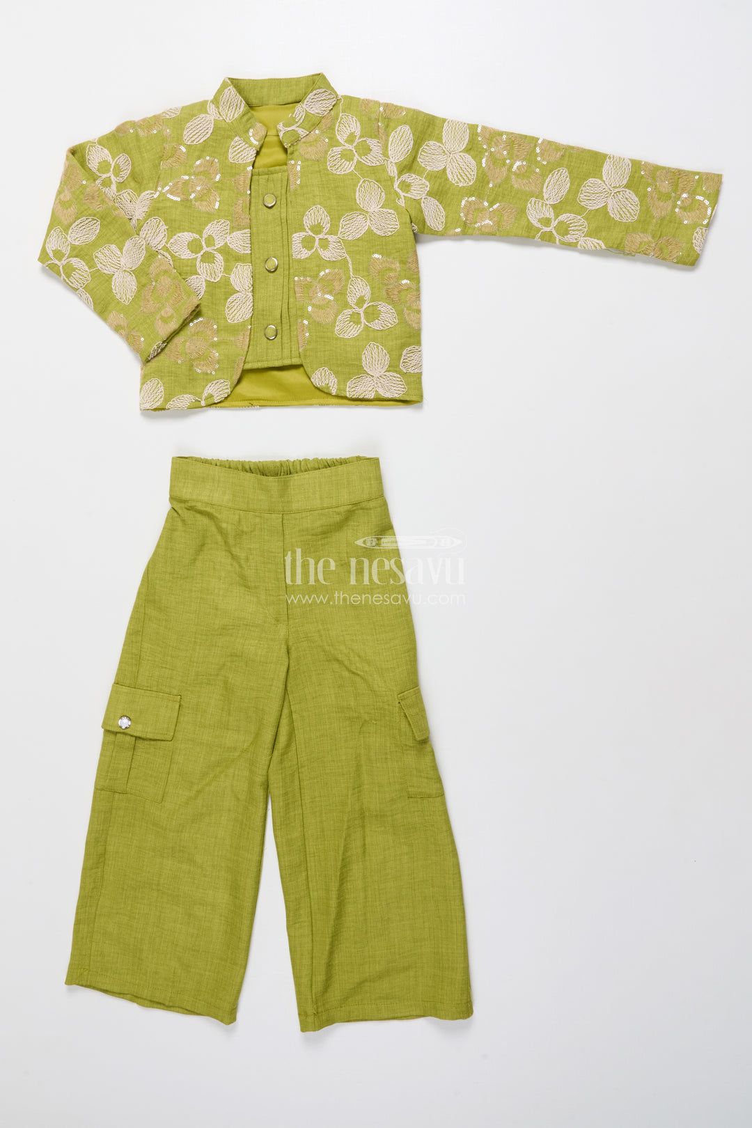 Floral Embroidered Girls Co-Ord Set with Jacket Perfect for Ethnic School Events and Festive Days