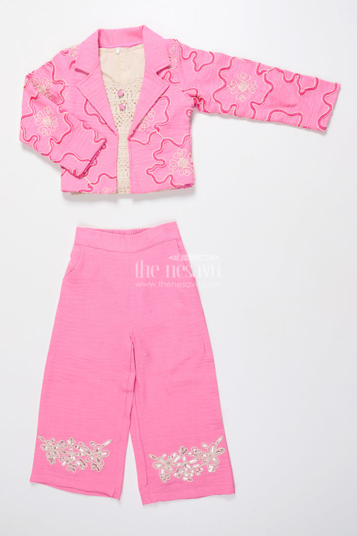Girls Floral Embroidered Co-Ord Set with Lapel Jacket for Ethnic Day and Functions