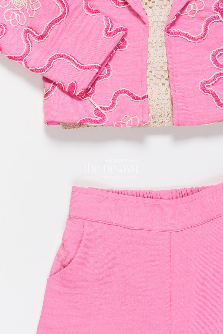 Girls Floral Embroidered Co-Ord Set with Lapel Jacket for Ethnic Day and Functions