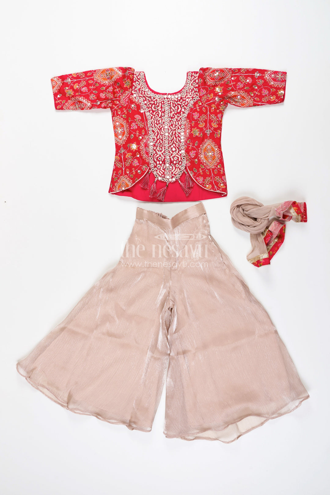 Girls plazo set with mirror embroidery jacket for festive celebrations