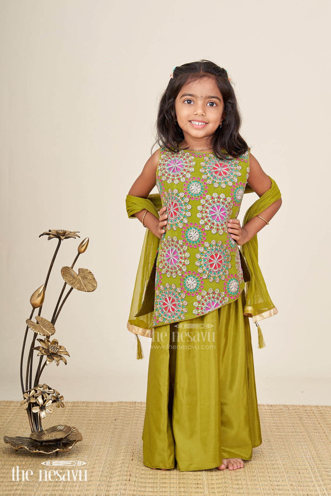 Girls Olive Palazzo Set With Sequin Crop Top