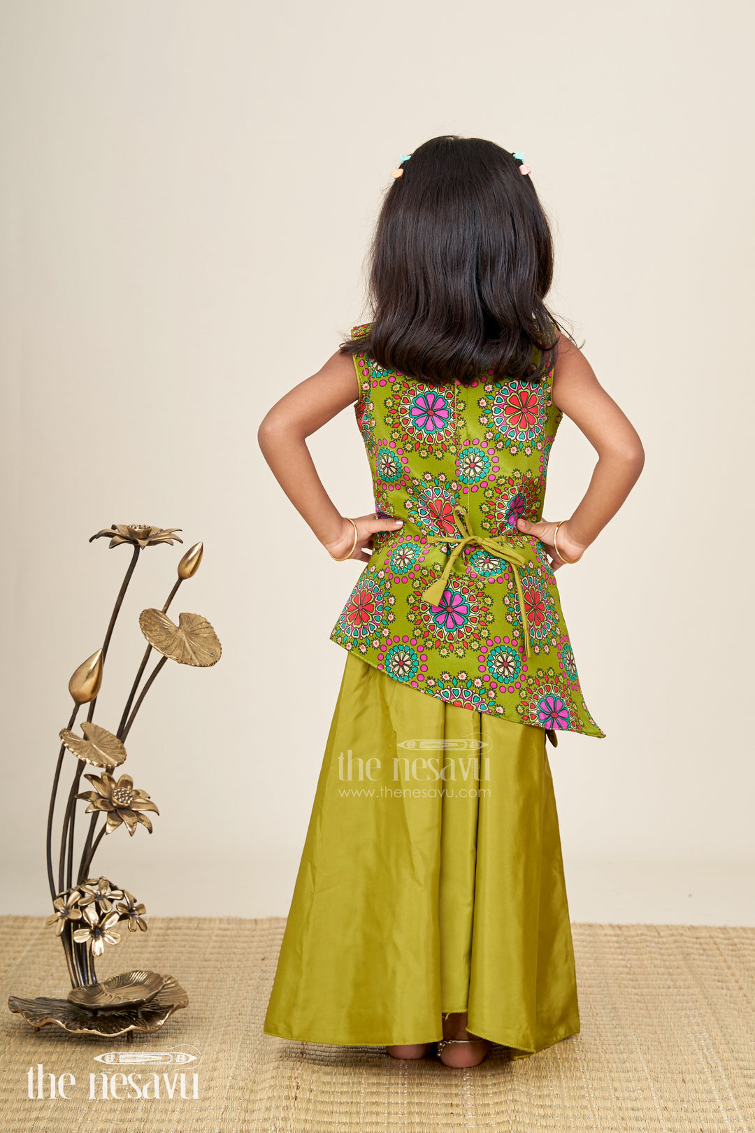 Girls Olive Palazzo Set With Sequin Crop Top