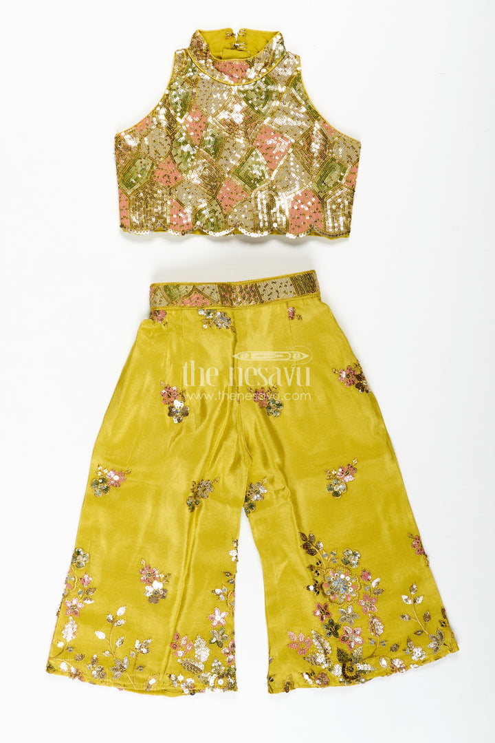 Girls Yellow Georgette Indo-Western Palazzo Set With Sequin Embroidery