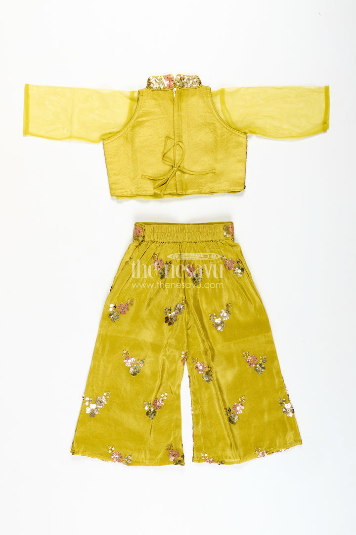 Girls Yellow Georgette Indo-Western Palazzo Set With Sequin Embroidery