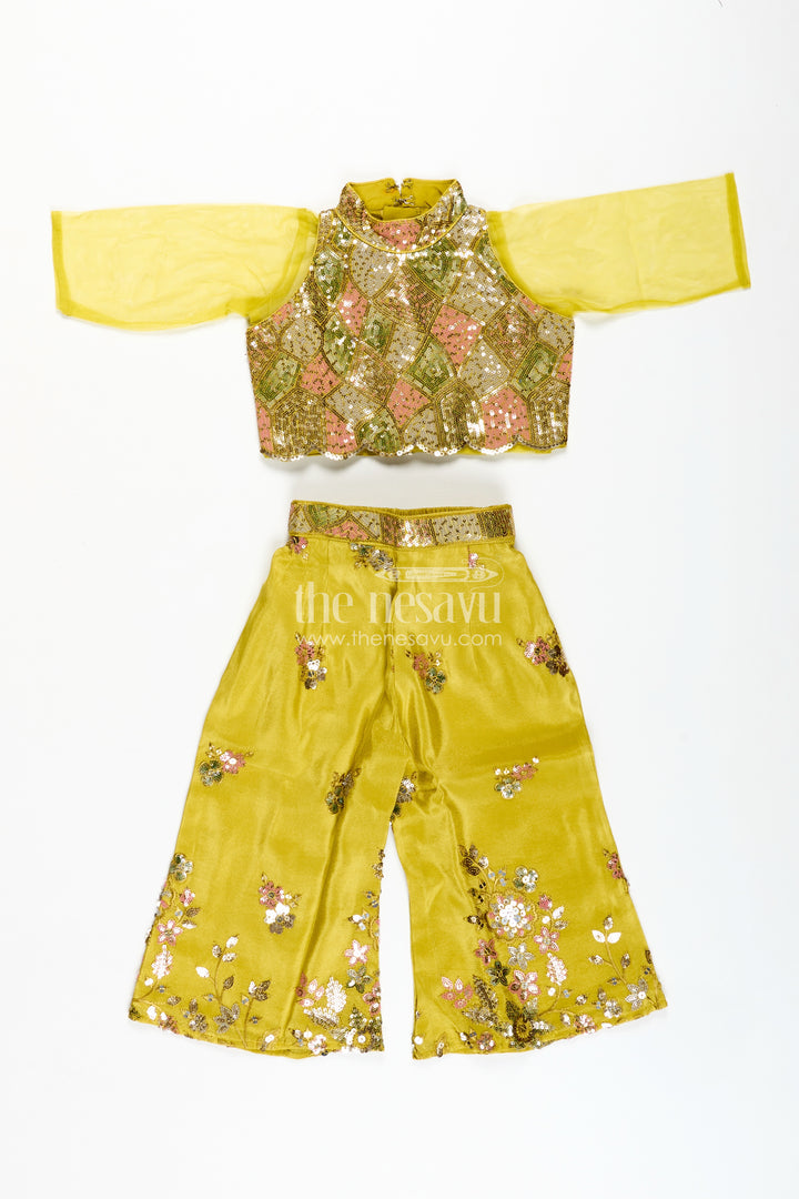 Girls Yellow Georgette Indo-Western Palazzo Set With Sequin Embroidery