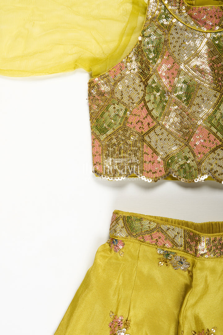 Girls Yellow Georgette Indo-Western Palazzo Set With Sequin Embroidery