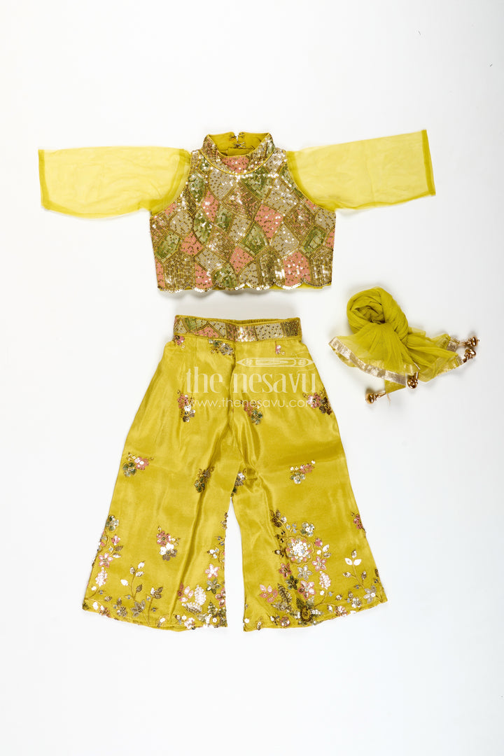 Girls Yellow Georgette Indo-Western Palazzo Set With Sequin Embroidery