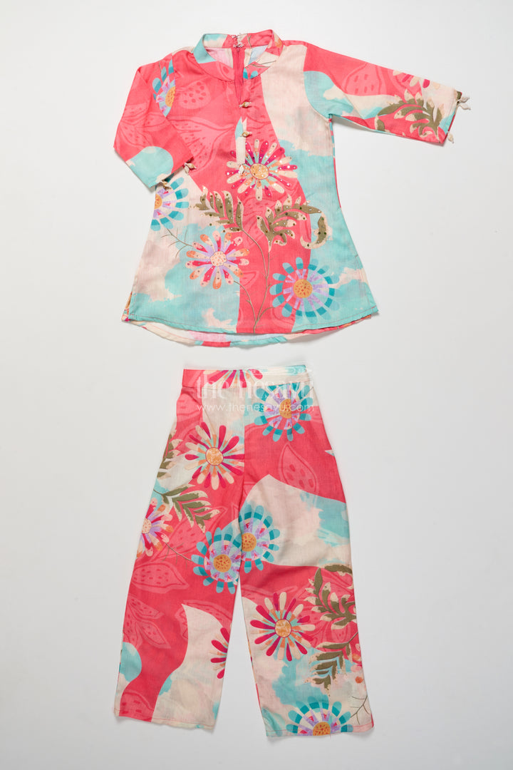 Girls Multicolor Cotton Plazo Set with Floral Digital Print for Casual Festive Days