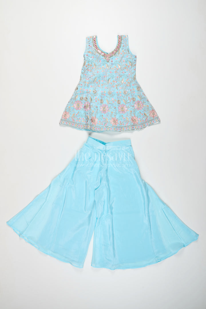 Girls blue sharara set with floral embroidery for festive family occasions