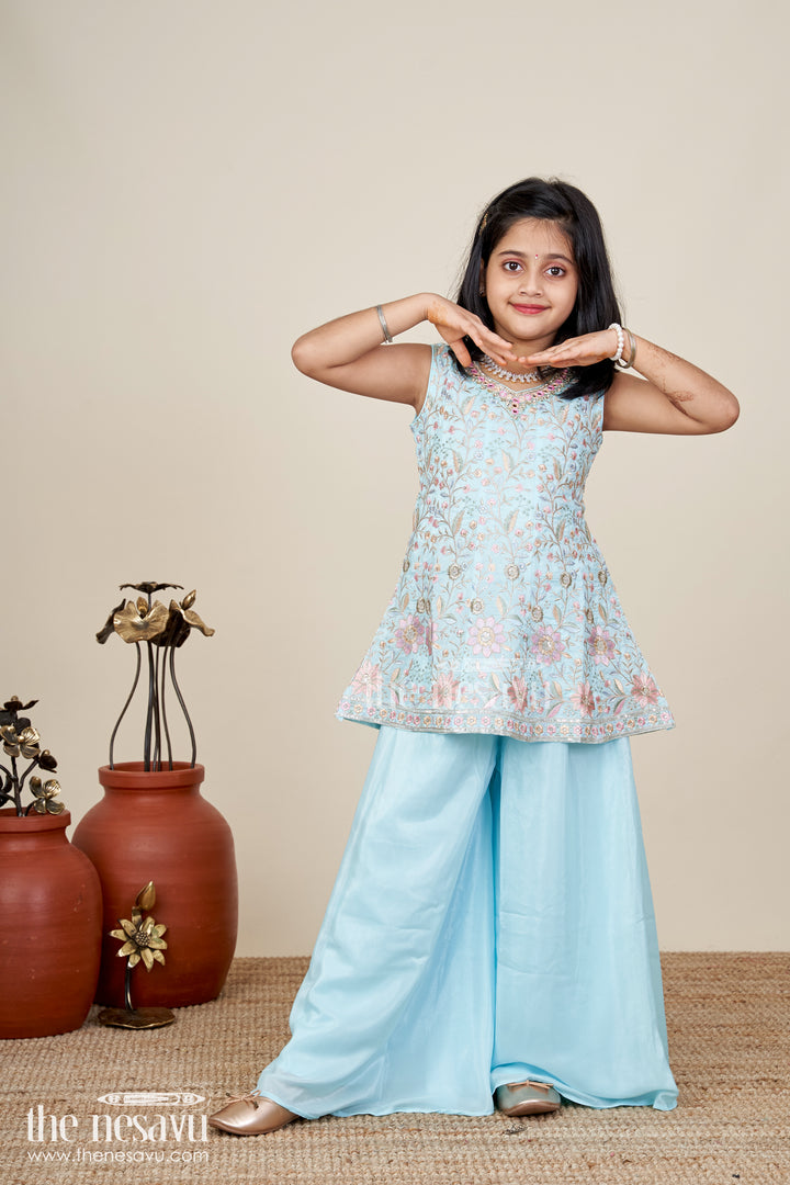 Girls blue sharara set with floral embroidery for festive family occasions