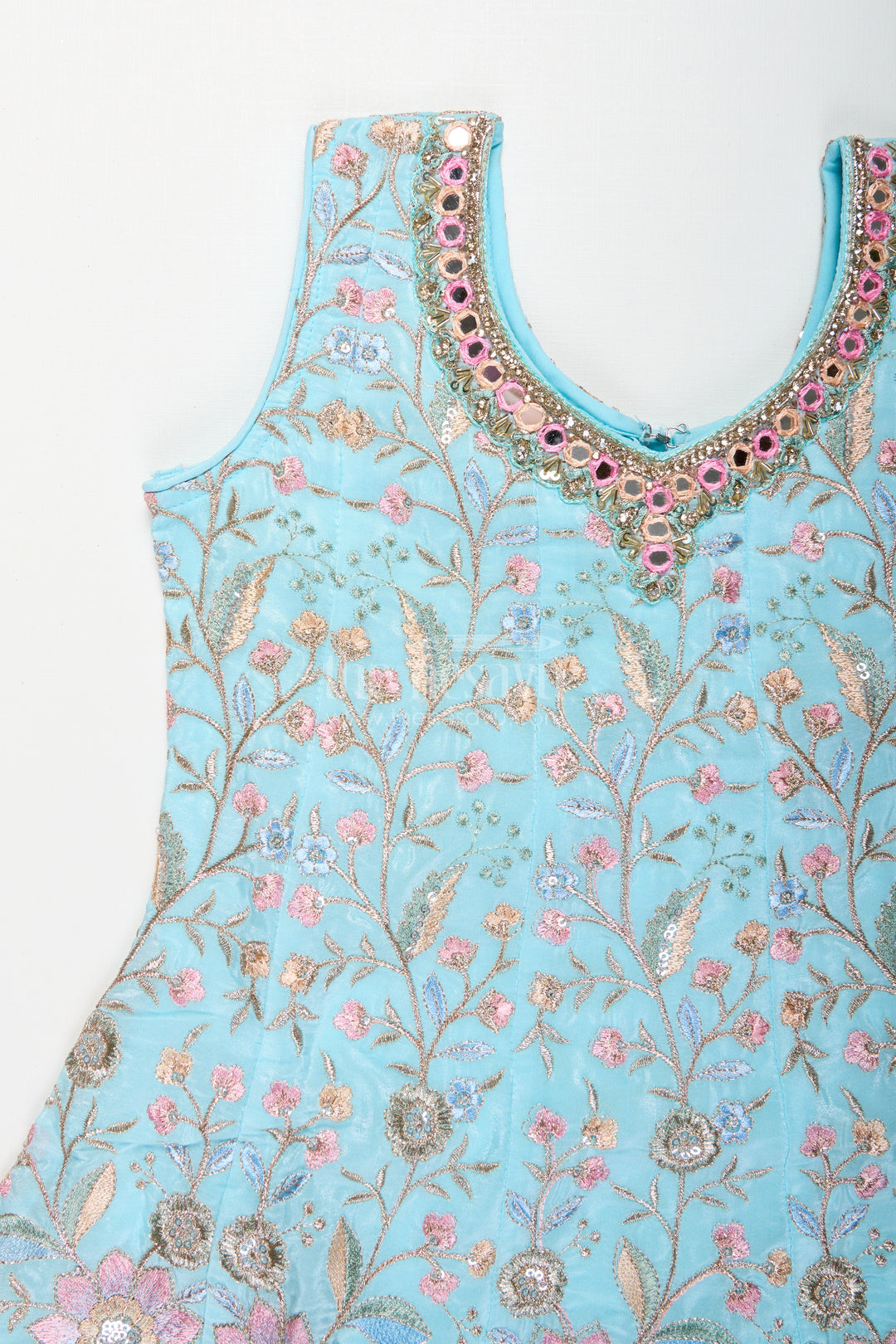 Girls blue sharara set with floral embroidery for festive family occasions