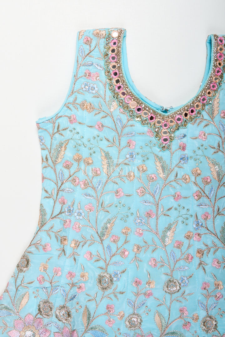Girls blue sharara set with floral embroidery for festive family occasions