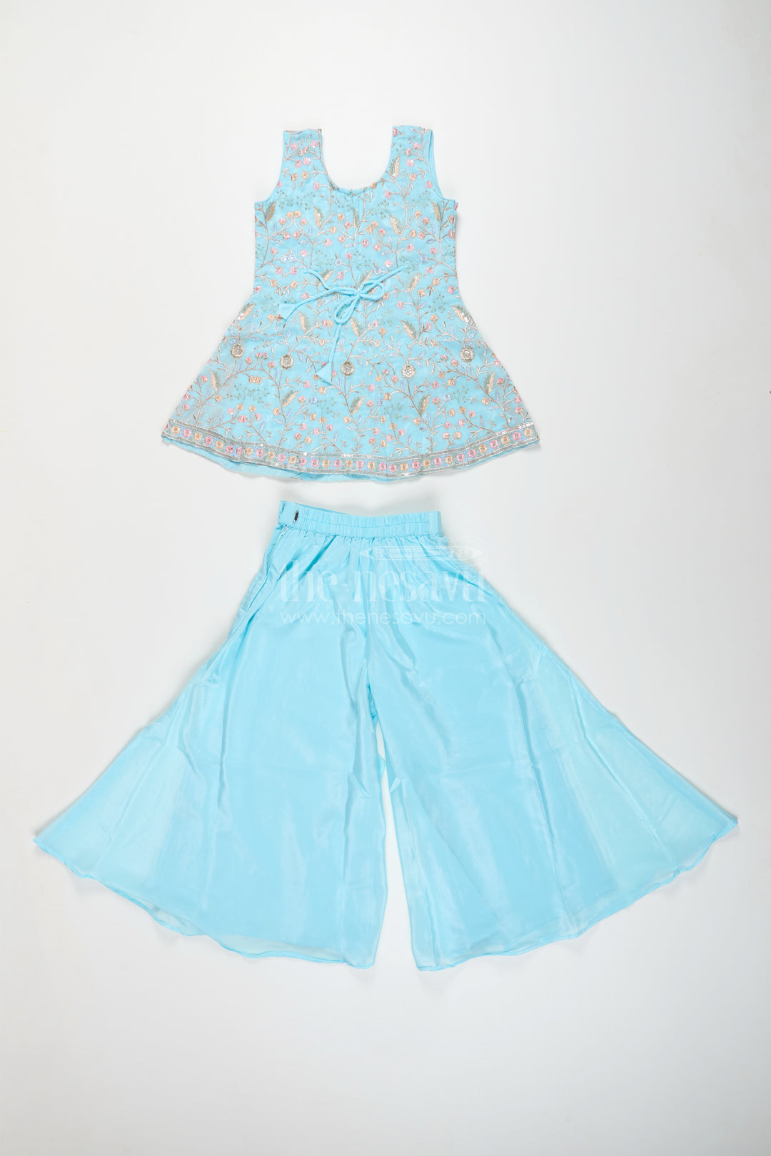 Girls blue sharara set with floral embroidery for festive family occasions