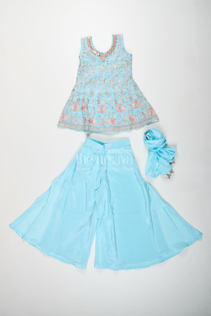 Girls blue sharara set with floral embroidery for festive family occasions
