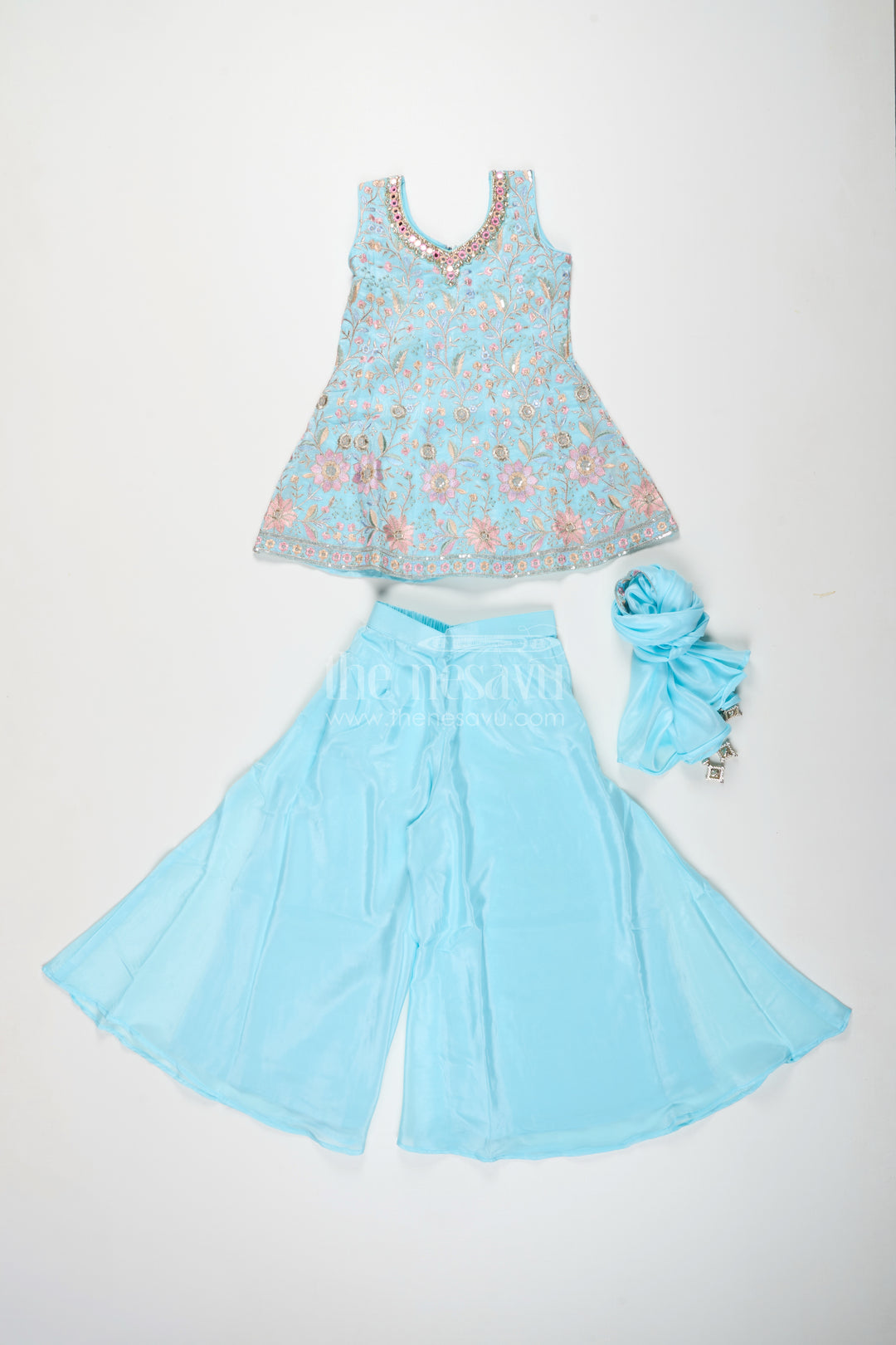 Girls blue sharara set with floral embroidery for festive family occasions