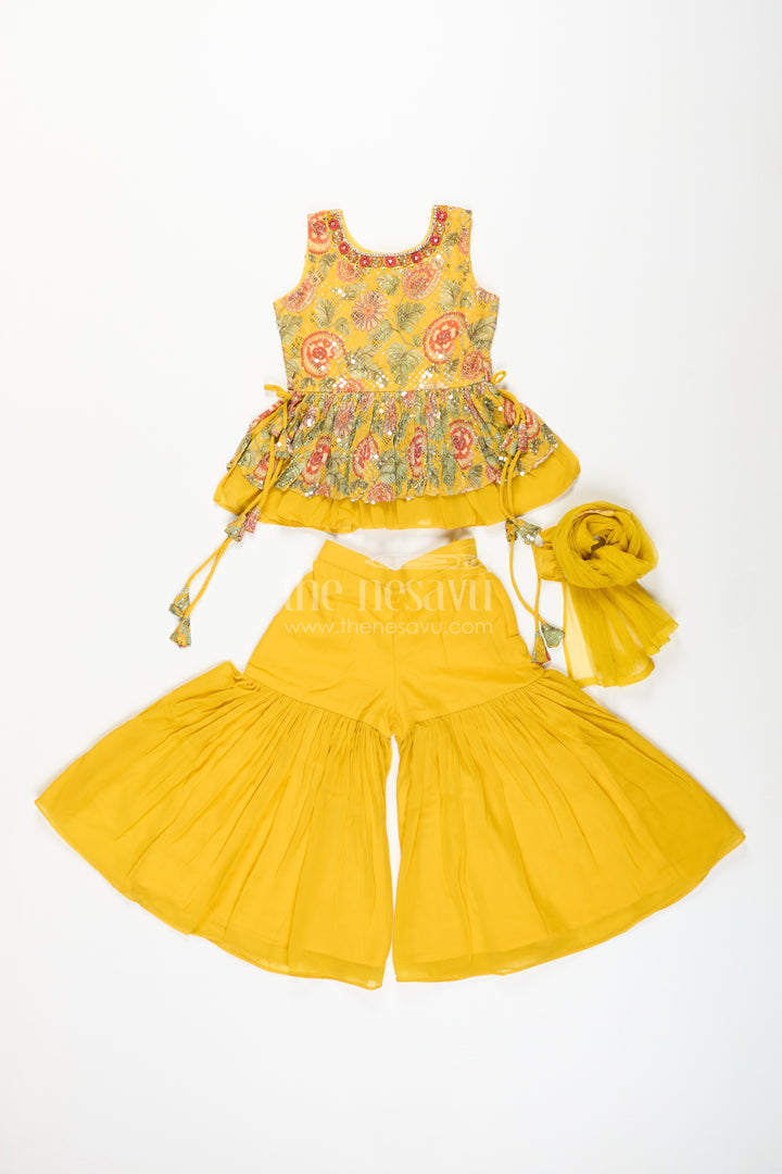 Girls yellow sharara set with mirror embroidery for festive occasions