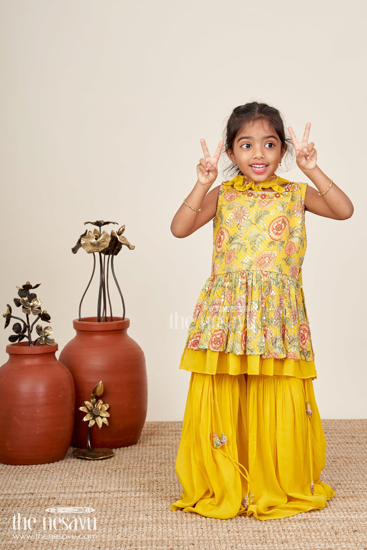 Girls yellow sharara set with mirror embroidery for festive occasions