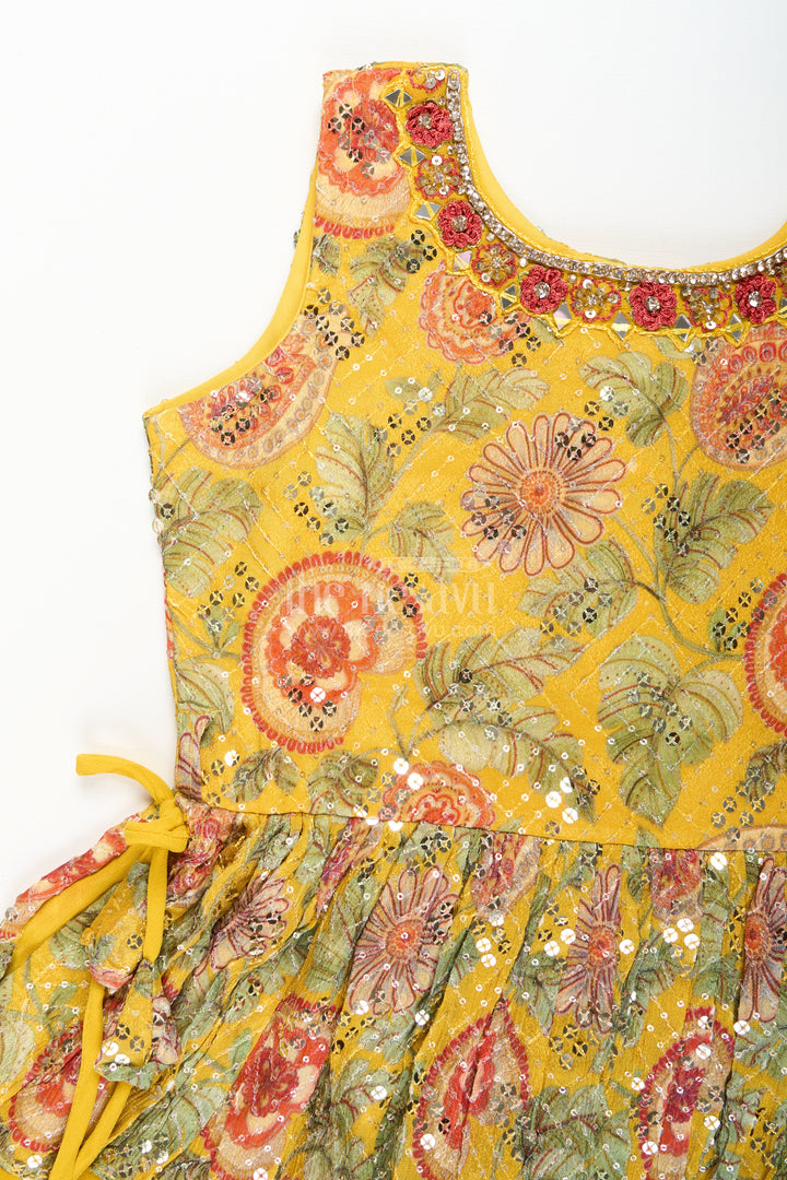 Girls yellow sharara set with mirror embroidery for festive occasions