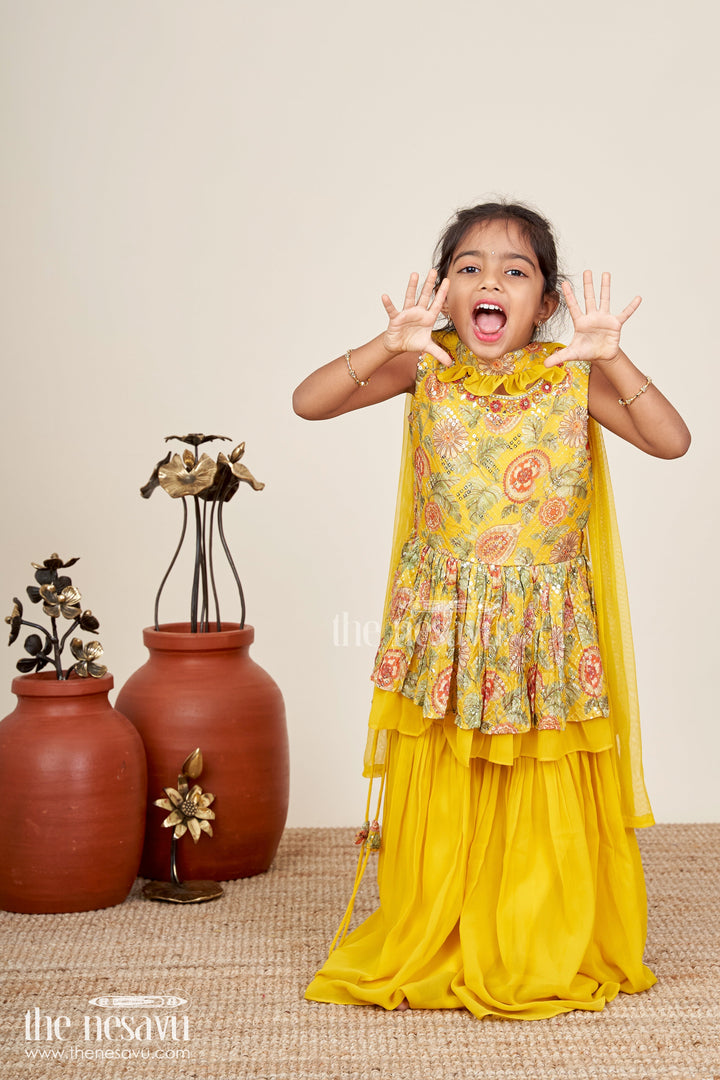 Girls yellow sharara set with mirror embroidery for festive occasions