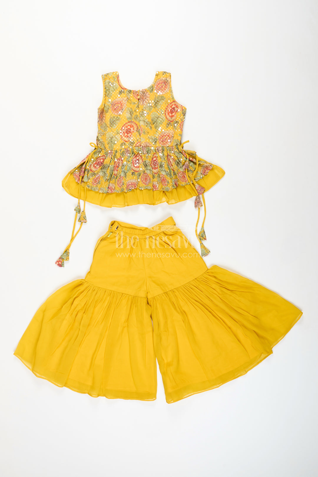 Girls yellow sharara set with mirror embroidery for festive occasions