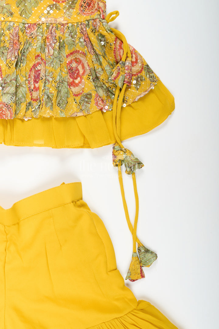 Girls yellow sharara set with mirror embroidery for festive occasions