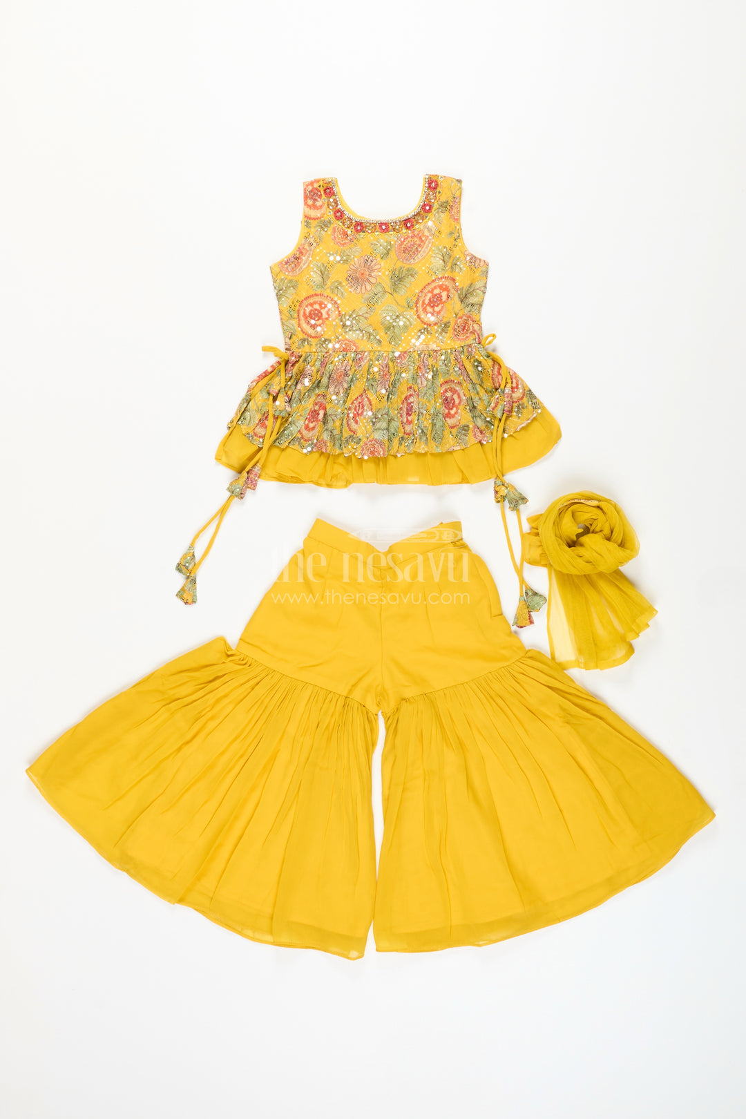 Girls yellow sharara set with mirror embroidery for festive occasions