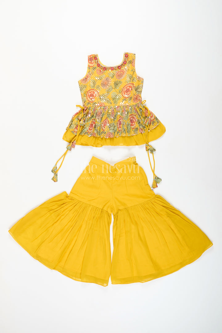 Girls yellow sharara set with mirror embroidery for festive occasions
