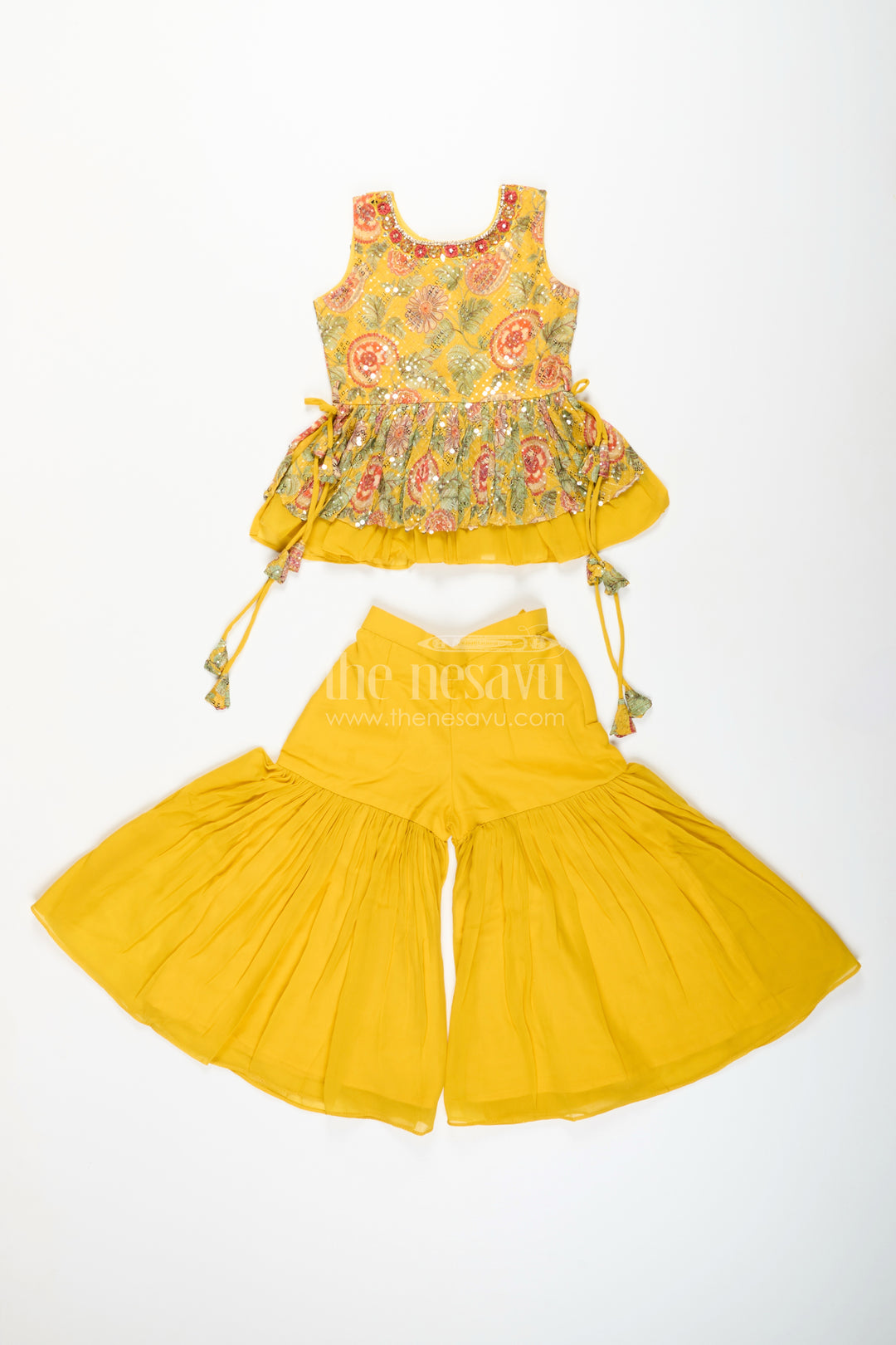 Girls yellow sharara set with mirror embroidery for festive occasions